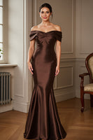 Load image into Gallery viewer, Brown Satin Mermaid Off the Shoulder Long Mother of the Bride Dress
