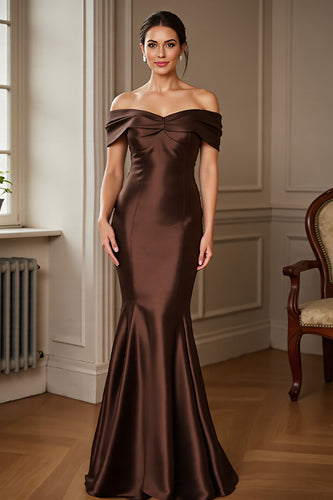 Brown Satin Mermaid Off the Shoulder Long Mother of the Bride Dress