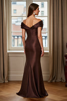 Load image into Gallery viewer, Brown Satin Mermaid Off the Shoulder Long Mother of the Bride Dress