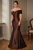 Load image into Gallery viewer, Brown Satin Mermaid Off the Shoulder Long Mother of the Bride Dress