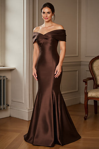 Brown Satin Mermaid Off the Shoulder Long Mother of the Bride Dress