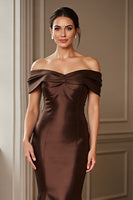Load image into Gallery viewer, Brown Satin Mermaid Off the Shoulder Long Mother of the Bride Dress