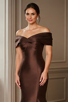 Load image into Gallery viewer, Brown Satin Mermaid Off the Shoulder Long Mother of the Bride Dress
