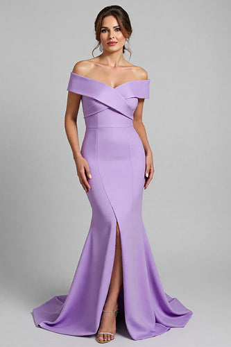 Lilac Satin Mermaid Long Mother of the Bride Dress with Slit