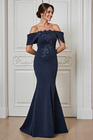 Load image into Gallery viewer, Navy Satin Off the Shoulder Long Mother of the Bride Dress with Appliques