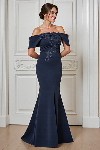 Navy Satin Off the Shoulder Long Mother of the Bride Dress with Appliques