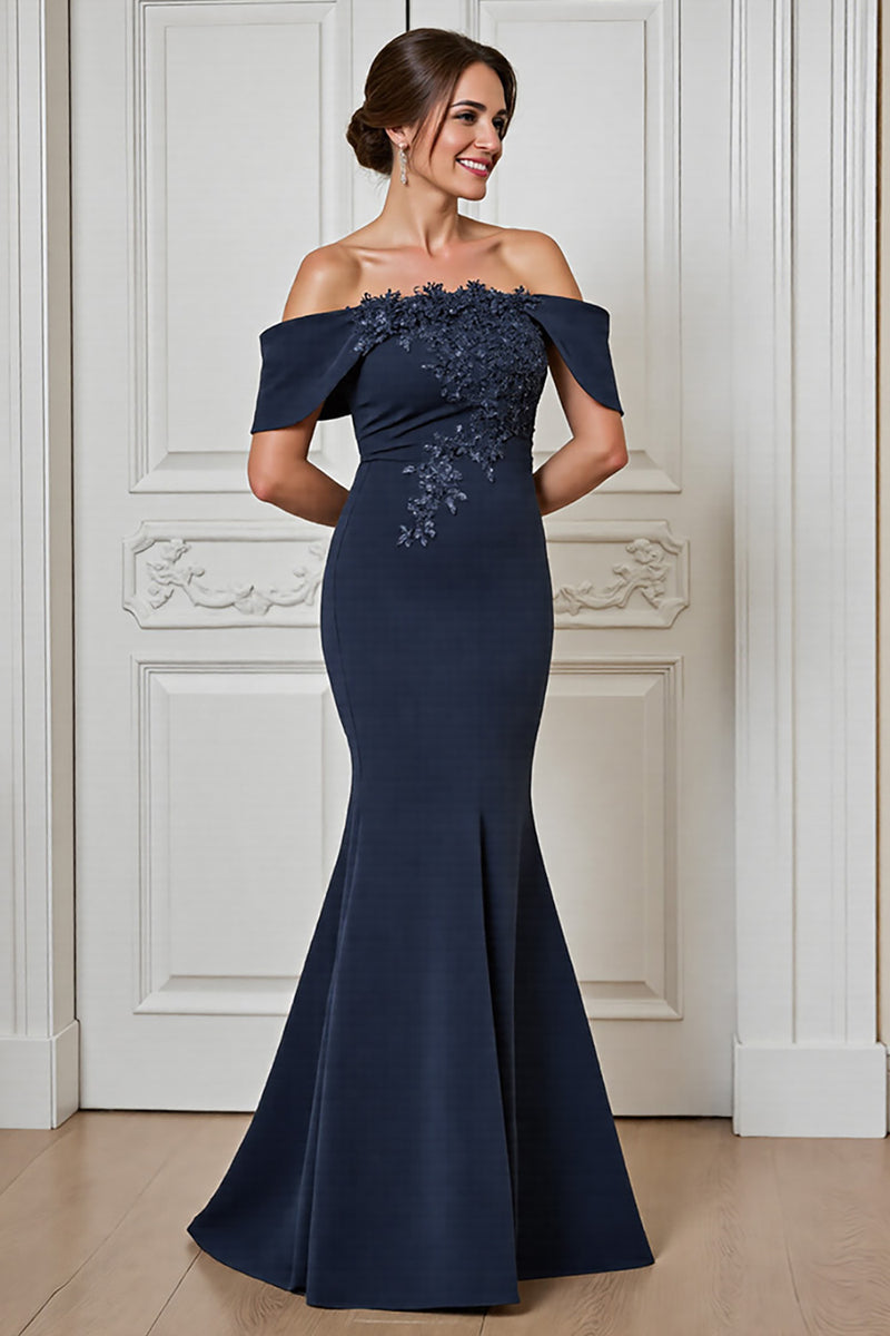 Load image into Gallery viewer, Navy Satin Off the Shoulder Long Mother of the Bride Dress with Appliques