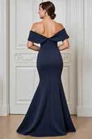 Load image into Gallery viewer, Navy Satin Off the Shoulder Long Mother of the Bride Dress with Appliques