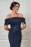 Load image into Gallery viewer, Navy Satin Off the Shoulder Long Mother of the Bride Dress with Appliques