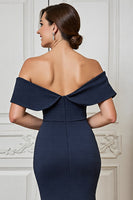 Load image into Gallery viewer, Navy Satin Off the Shoulder Long Mother of the Bride Dress with Appliques