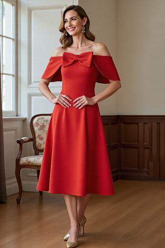 Red A Line Satin Midi Mother of the Bride Dress with Bow