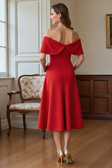 Red A Line Satin Midi Mother of the Bride Dress with Bow