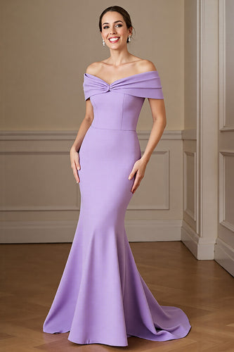 Lilac Satin Off the Shoulder Mermaid Long Mother of the Bride Dress