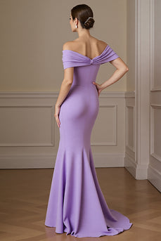 Lilac Satin Off the Shoulder Mermaid Long Mother of the Bride Dress