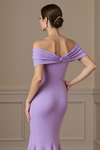 Lilac Satin Off the Shoulder Mermaid Long Mother of the Bride Dress