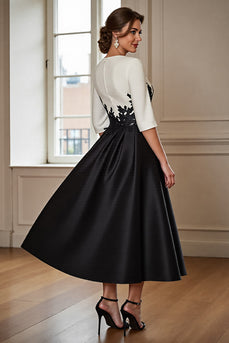 Black and White A Line Long Satin Mother of the Bride Dress with Appliques