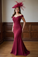 Load image into Gallery viewer, Burgundy Mermaid Satin Off the Shoulder Long Mother of the Bride Dress