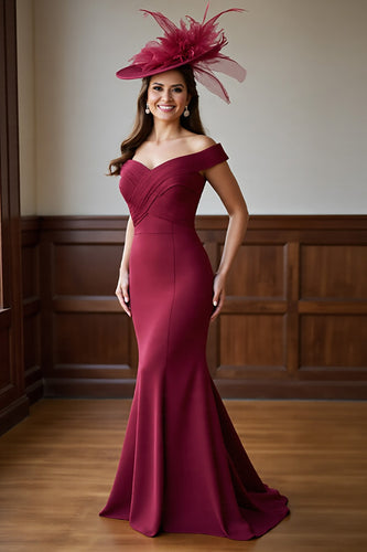 Burgundy Mermaid Satin Off the Shoulder Long Mother of the Bride Dress