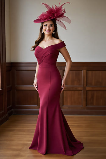 Burgundy Mermaid Satin Off the Shoulder Long Mother of the Bride Dress