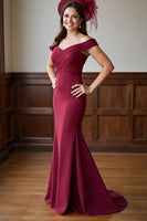 Load image into Gallery viewer, Burgundy Mermaid Satin Off the Shoulder Long Mother of the Bride Dress