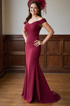 Burgundy Mermaid Satin Off the Shoulder Long Mother of the Bride Dress