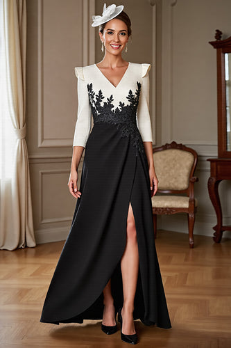 Black and White Satin V-Neck Long Mother of the Bride Dress