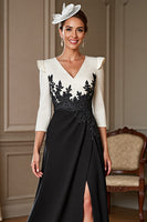 Load image into Gallery viewer, Black and White Satin V-Neck Long Mother of the Bride Dress