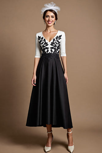 Black and White Satin Long Mother of the Bride Dress with Appliques
