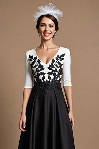 Black and White Satin Long Mother of the Bride Dress with Appliques