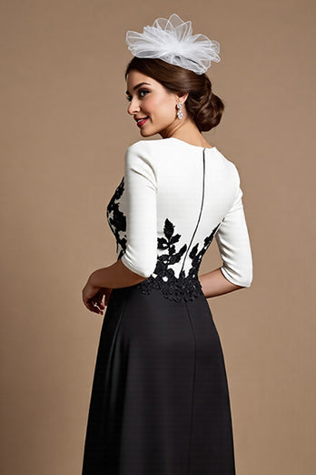 Black and White Satin Long Mother of the Bride Dress with Appliques