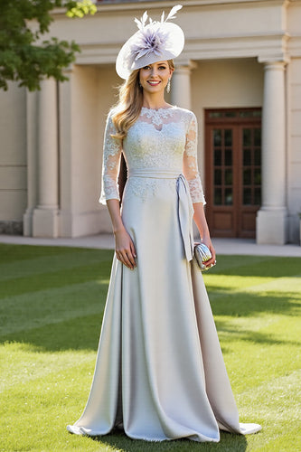 Silver A Line Long Satin Mother of the Bride Dress with Lace
