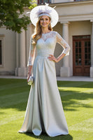 Load image into Gallery viewer, Silver A Line Long Satin Mother of the Bride Dress with Lace