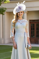 Load image into Gallery viewer, Silver A Line Long Satin Mother of the Bride Dress with Lace