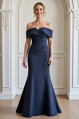 Navy Mermaid Satin Long Mother of the Bride Dress with Appliques