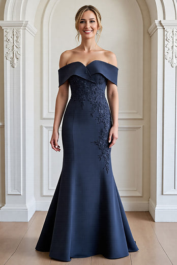 Navy Mermaid Satin Long Mother of the Bride Dress with Appliques