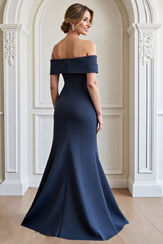 Navy Mermaid Satin Long Mother of the Bride Dress with Appliques