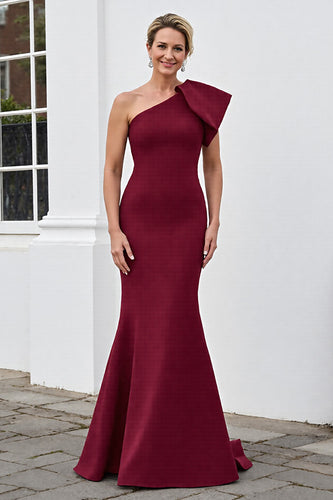 Burgundy Mermaid Satin One Shoulder Long Mother of the Bride Dress