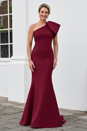 Burgundy Mermaid Satin One Shoulder Long Mother of the Bride Dress