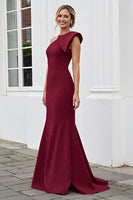 Load image into Gallery viewer, Burgundy Mermaid Satin One Shoulder Long Mother of the Bride Dress