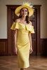 Load image into Gallery viewer, Daffodil Satin Bodycon Off the Shoulder Midi Mother of the Bride Dress