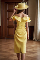 Load image into Gallery viewer, Daffodil Satin Bodycon Off the Shoulder Midi Mother of the Bride Dress