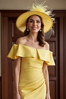Load image into Gallery viewer, Daffodil Satin Bodycon Off the Shoulder Midi Mother of the Bride Dress