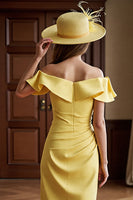 Load image into Gallery viewer, Daffodil Satin Bodycon Off the Shoulder Midi Mother of the Bride Dress