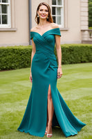 Load image into Gallery viewer, Peacock Green Off the Shoulder Satin Long Mother of the Bride Dress with Slit