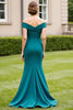 Load image into Gallery viewer, Peacock Green Off the Shoulder Satin Long Mother of the Bride Dress with Slit