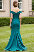 Load image into Gallery viewer, Peacock Green Off the Shoulder Satin Long Mother of the Bride Dress with Slit