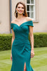 Load image into Gallery viewer, Peacock Green Off the Shoulder Satin Long Mother of the Bride Dress with Slit