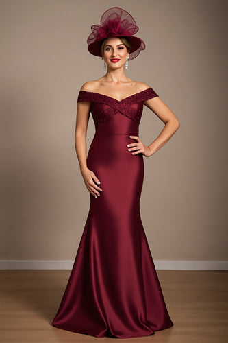 Burgundy Mermaid Satin Long Mother of the Bride Dress with Appliques