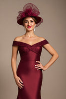 Load image into Gallery viewer, Burgundy Mermaid Satin Long Mother of the Bride Dress with Appliques