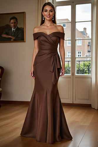 Brown Satin Mermaid Long Mother of the Bride Dress with Ruffles
